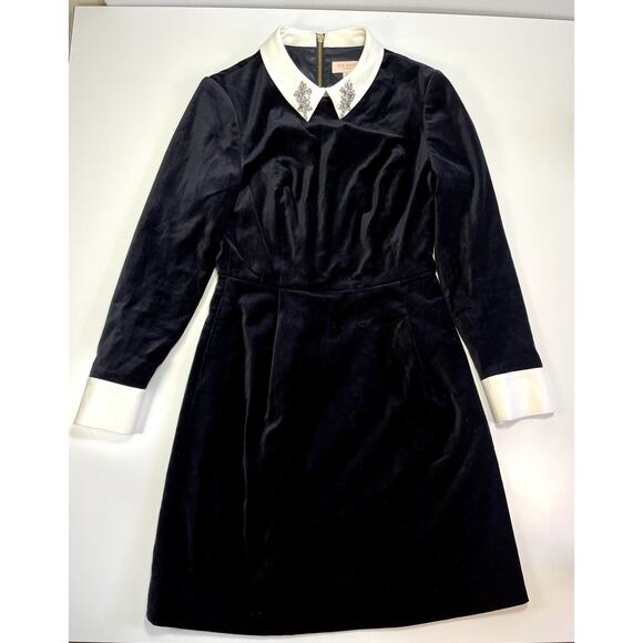 Ted Baker Small Velvet Black Dress Embellished Collar Wednesday Addams (Sz 1=4) - Picture 5 of 16